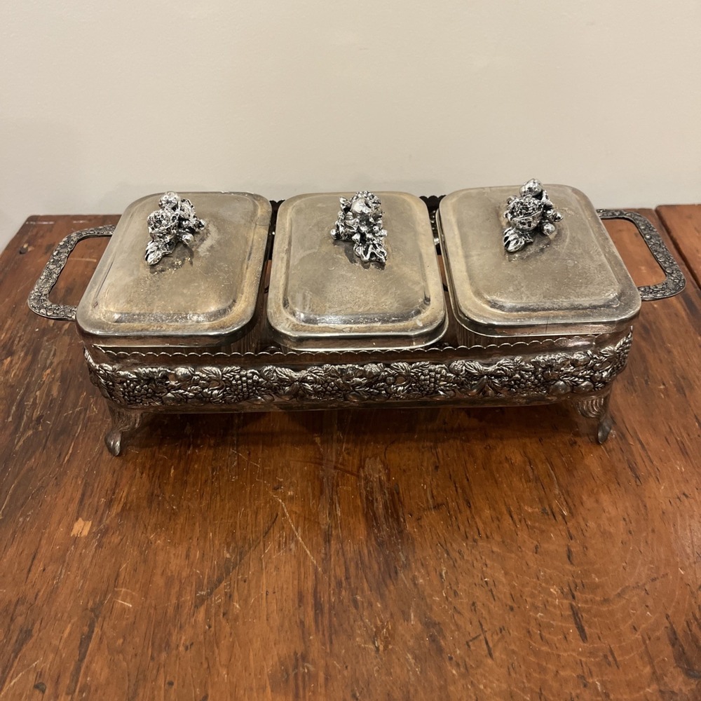 Rare Vintage Silver Plated Chafing 3 Dish Glass Inserts, Ornate Small Condiments